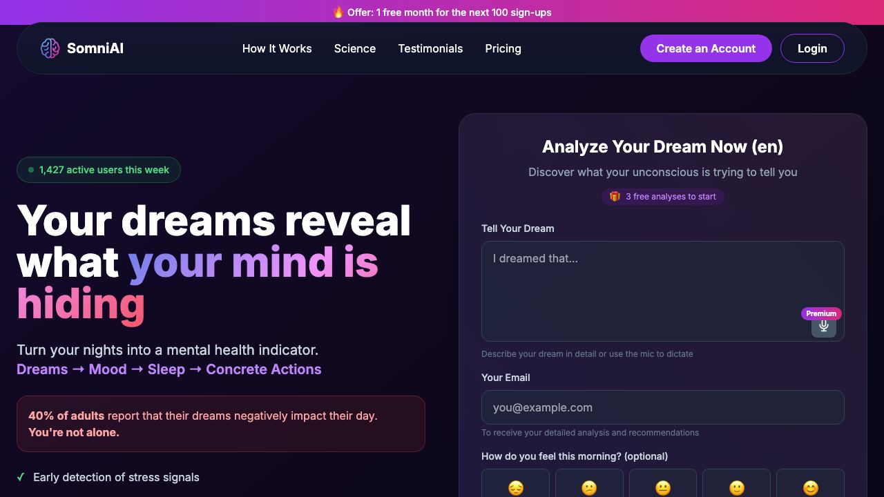SomniAI : Dream analysis with AI Power 网站截图