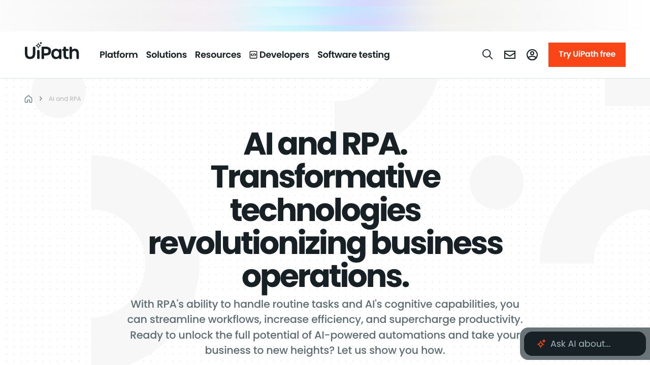 AI and RPA | UiPath 网站截图