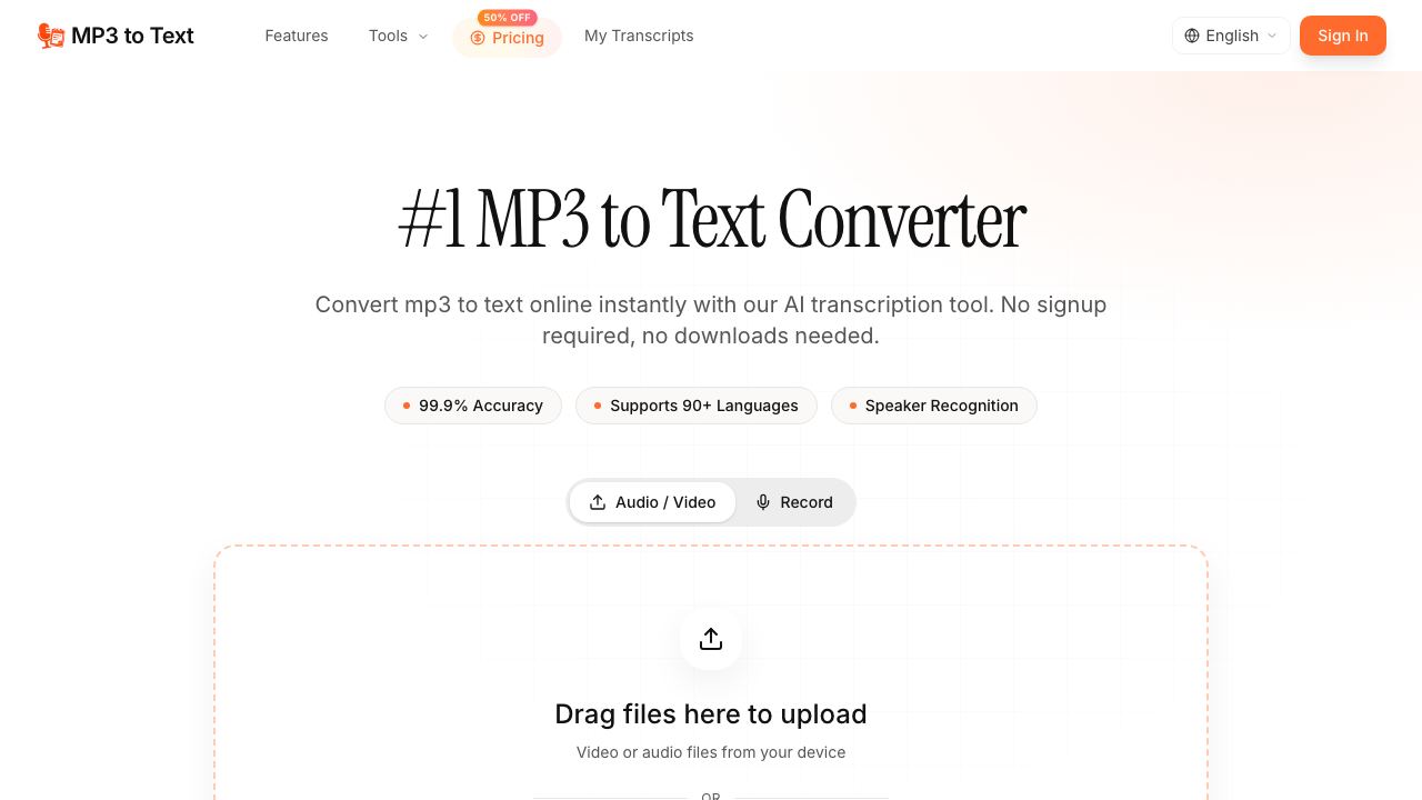 MP3 to Text website screenshot
