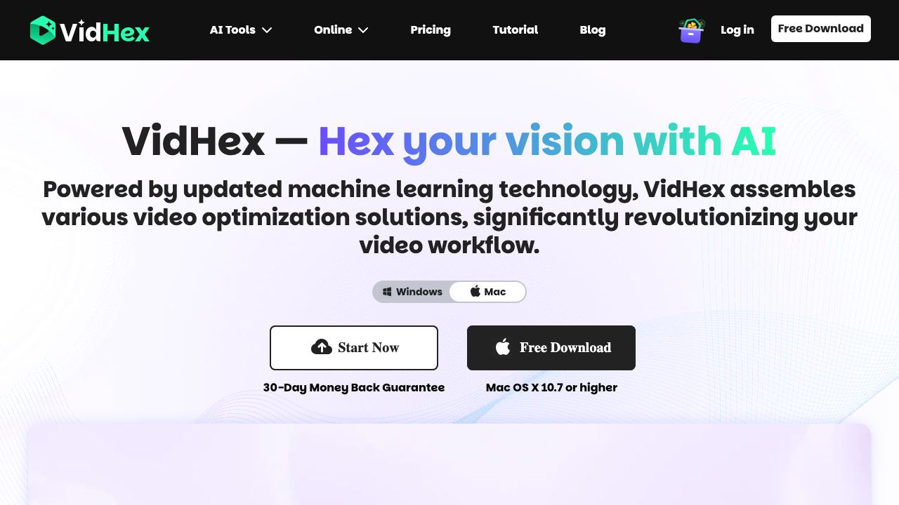 VidHex AI Video Enhancer 网站截图