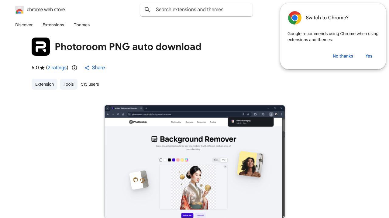 Photoroom PNG auto download 网站截图