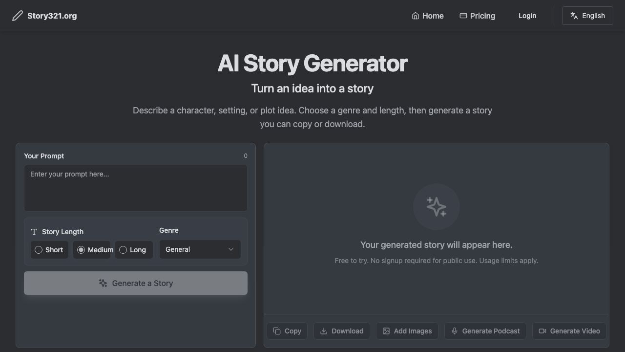 AI Story Generator free unlimited website screenshot