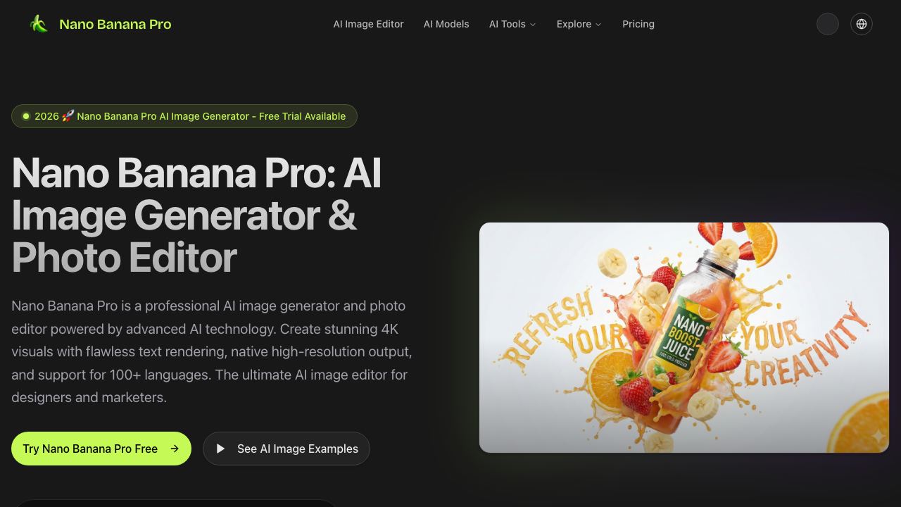 Nano Banana Pro - AI Image Generator & Photo Editor with Gemini 3 Pro 网站截图