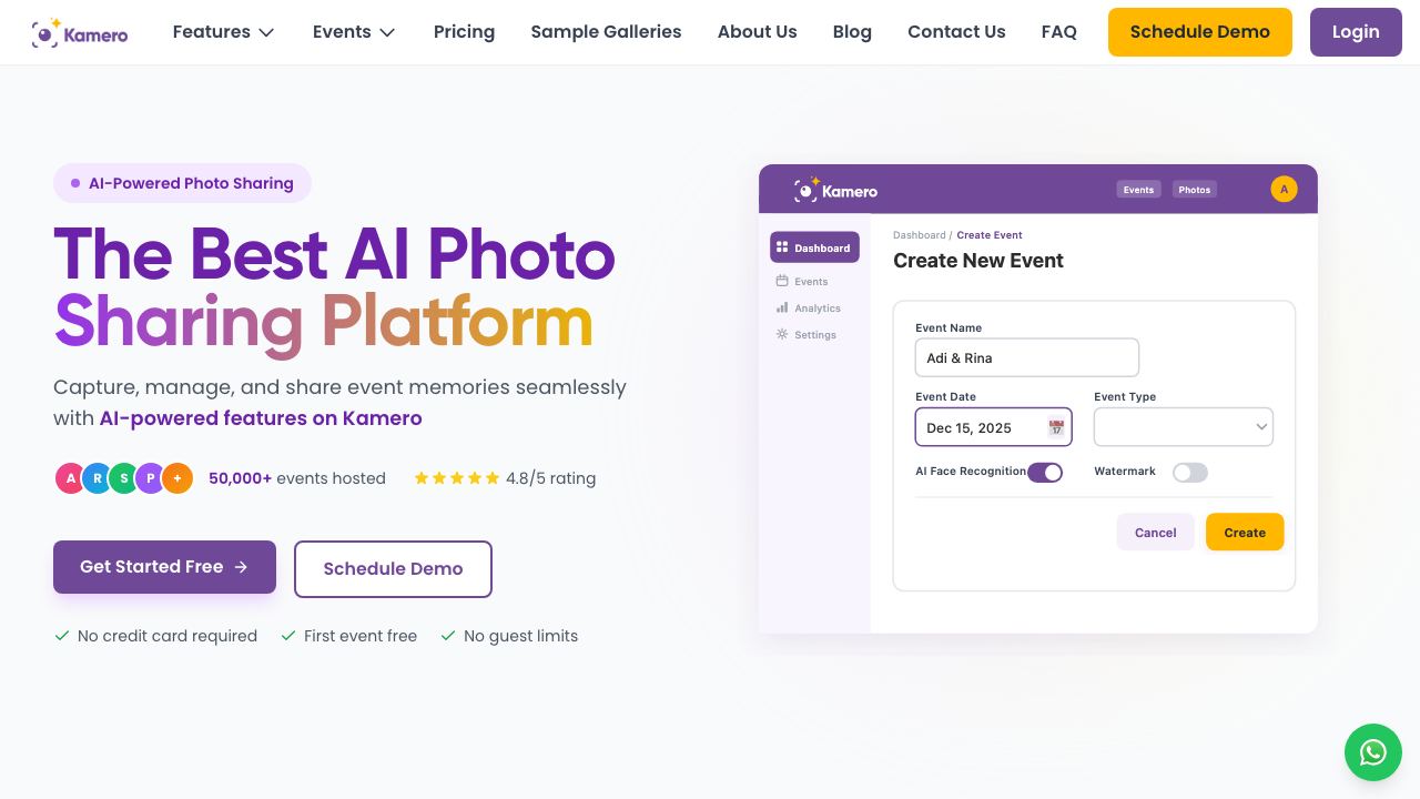 Kamero - AI Photo Sharing Platform for Events website screenshot