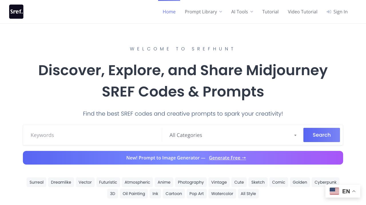SrefHunt - Midjourney SREF Codes Library website screenshot
