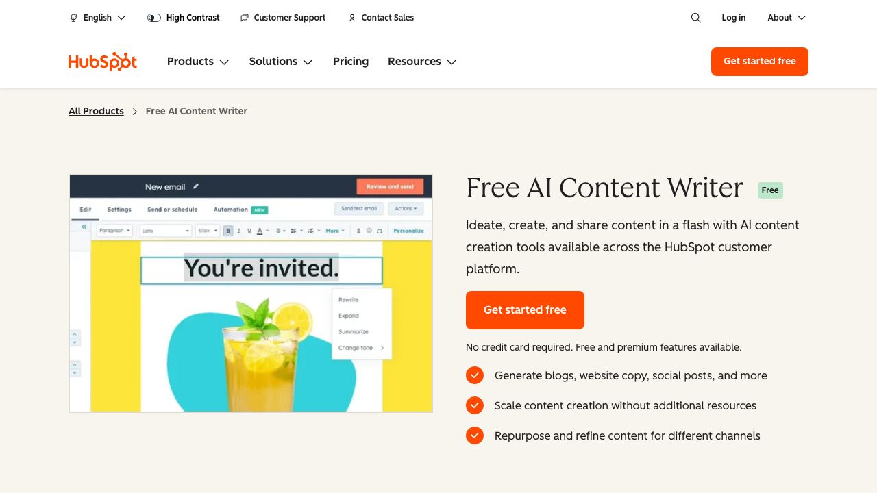AI Content Writer | HubSpot 网站截图