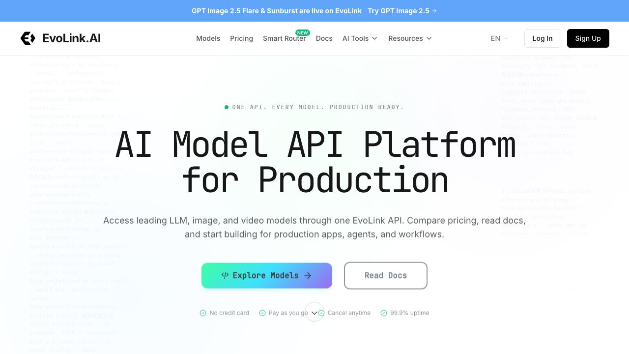 Evolink AI Model API 网站截图