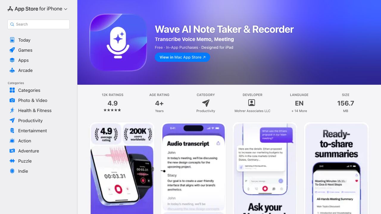 Wave AI Note Taker for iOS 网站截图