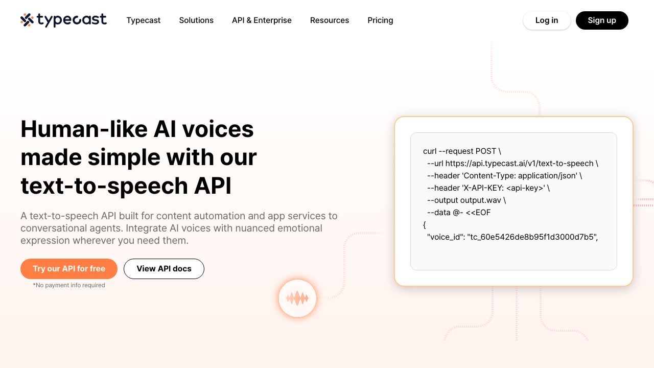 Typecast API website screenshot