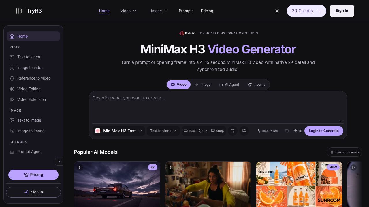Try Minimax H3 website screenshot