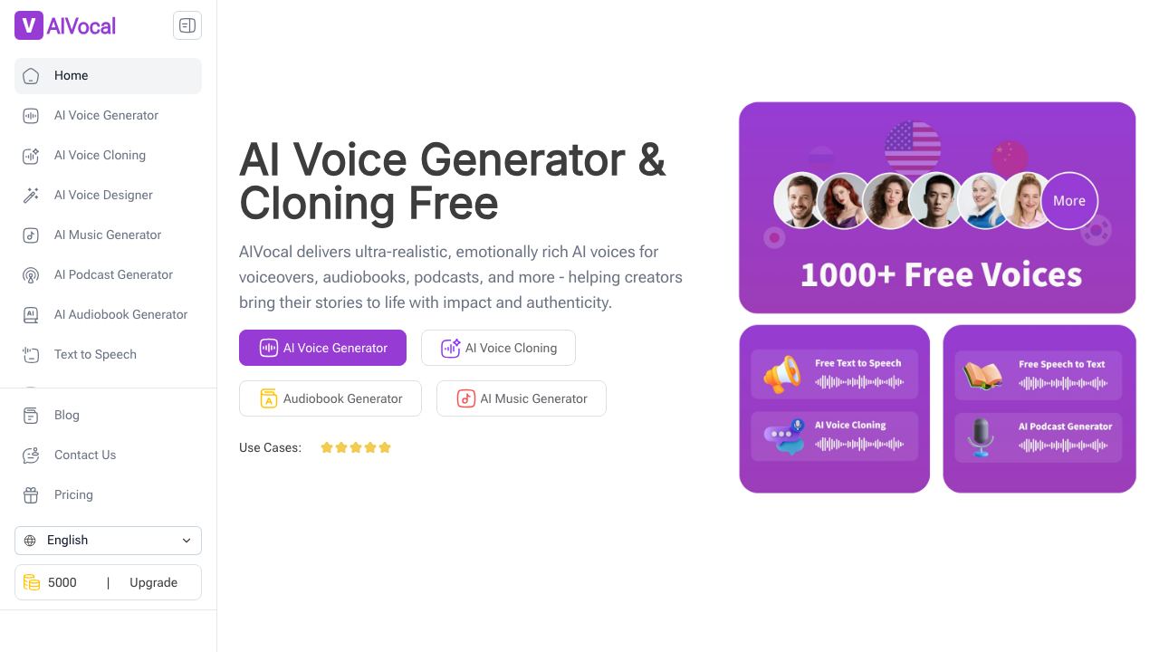 AI Voice Generator by AIVocal 网站截图