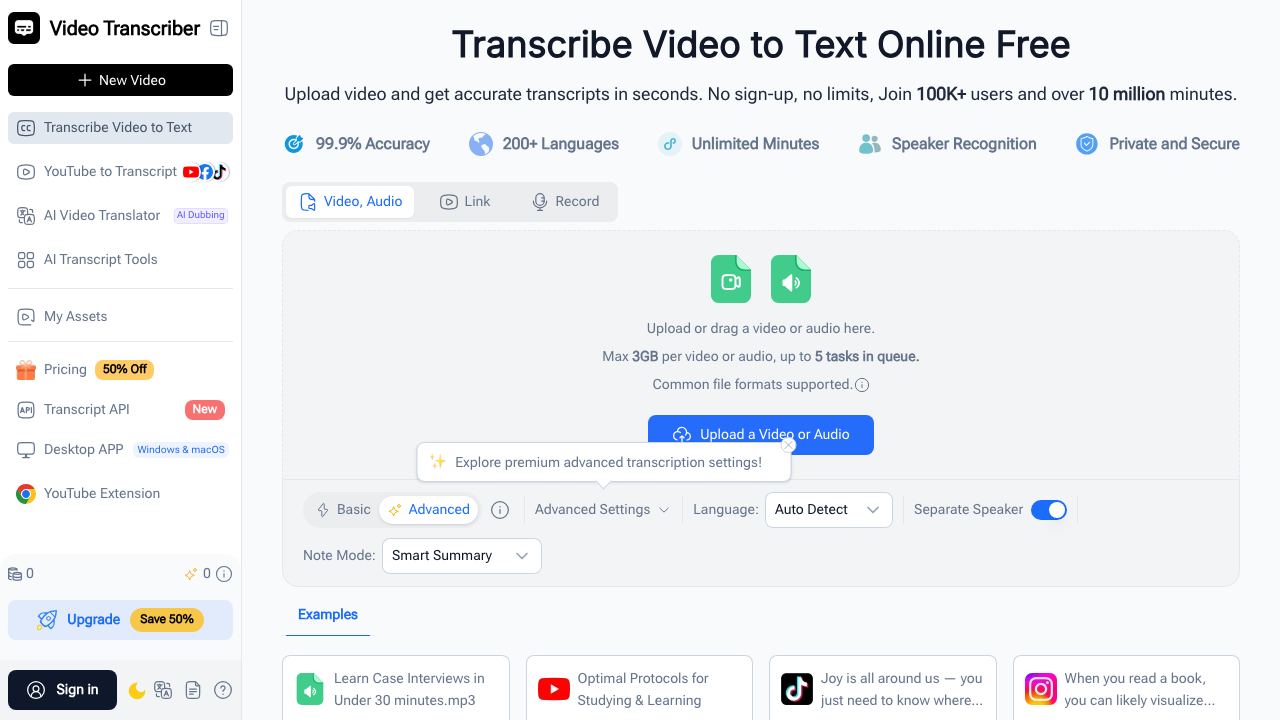 Video Transcriber AI 网站截图