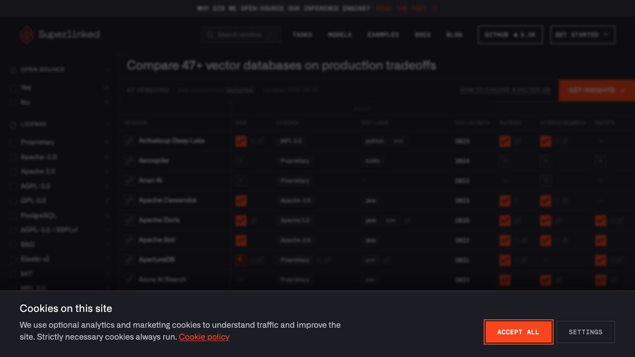 Free vector database comparison tool - from Superlinked 网站截图
