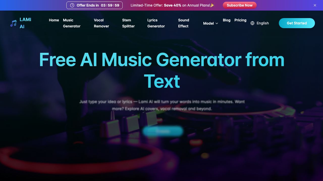 Lami.ai: Free AI Music Generator from Text website screenshot