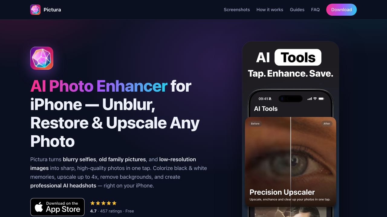 Pictura - AI Photo Enhancer website screenshot