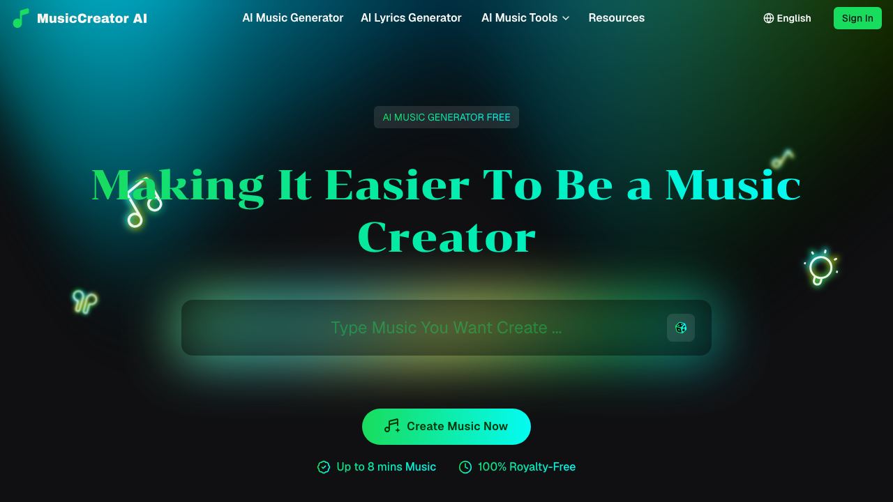 MusicCreator AI website screenshot