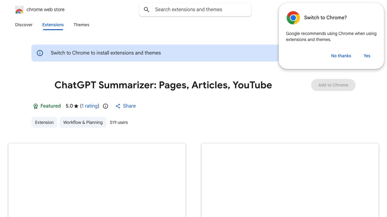 ChatGPT Summarizer: Pages, Articles, YouTube 网站截图