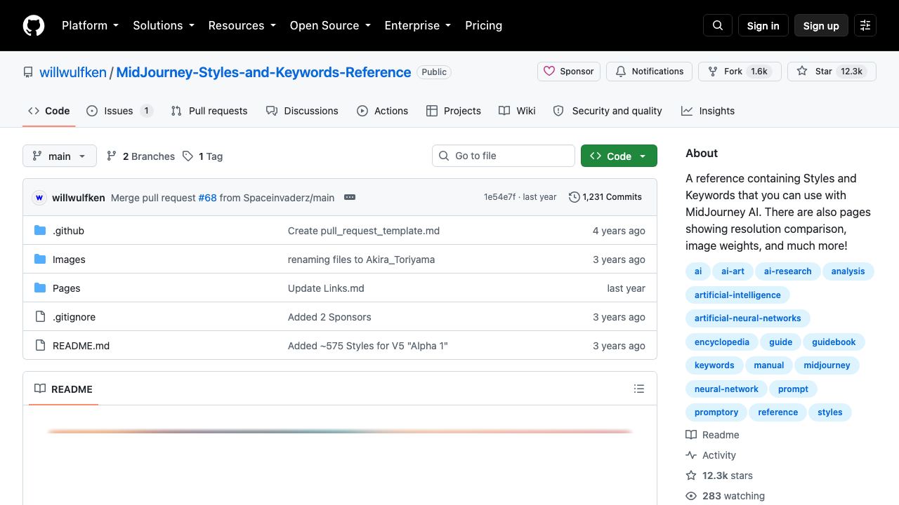 MidJourney Styles & Keywords website screenshot