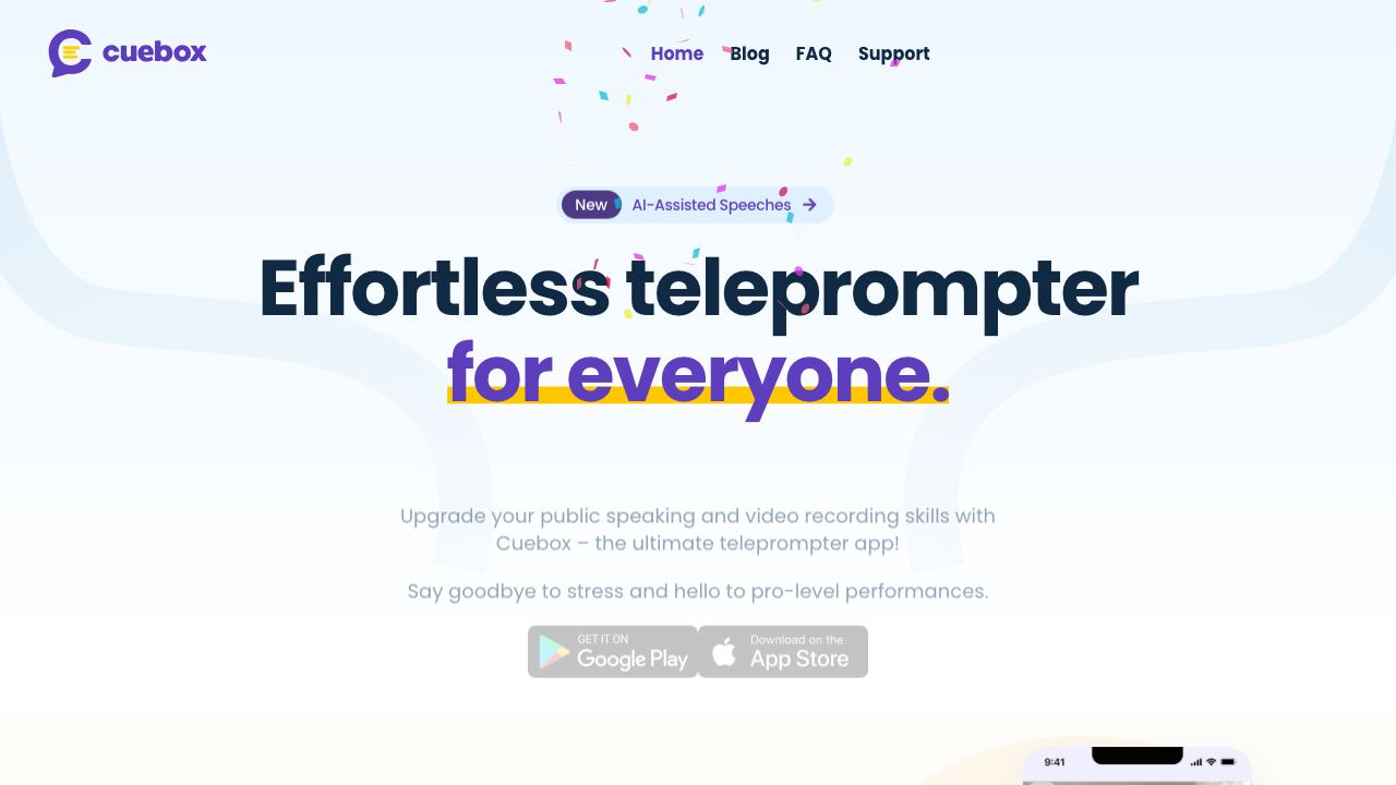 Teleprompter for Video: CUEBOX website screenshot