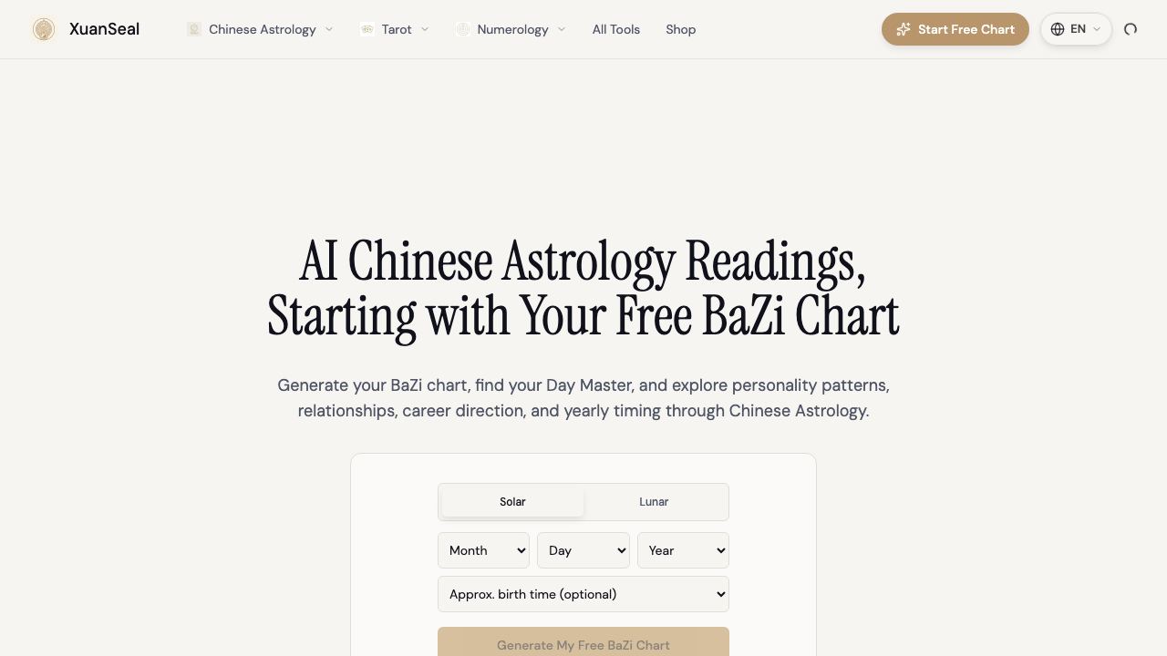 XuanSeal AI BaZi Reading website screenshot