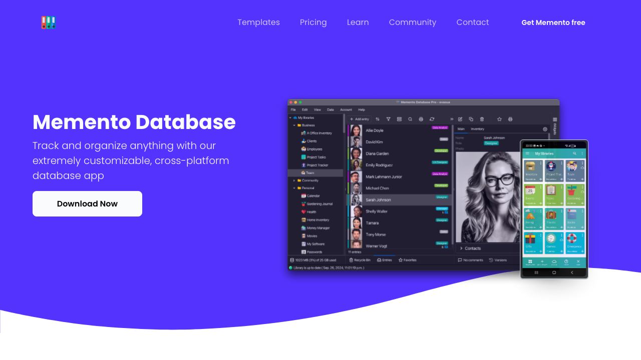 Memento Database website screenshot