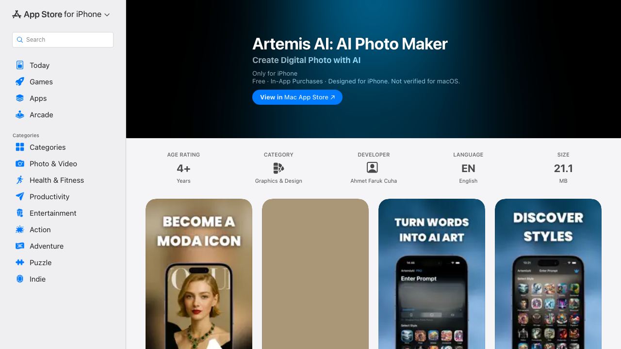 ArtemisAI: AI Art Creator 网站截图