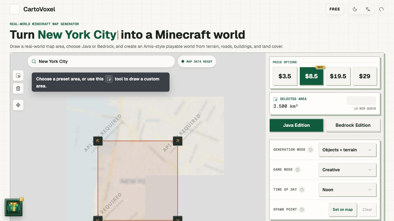 CartoVoxel - Real-World Minecraft Map Generator website screenshot