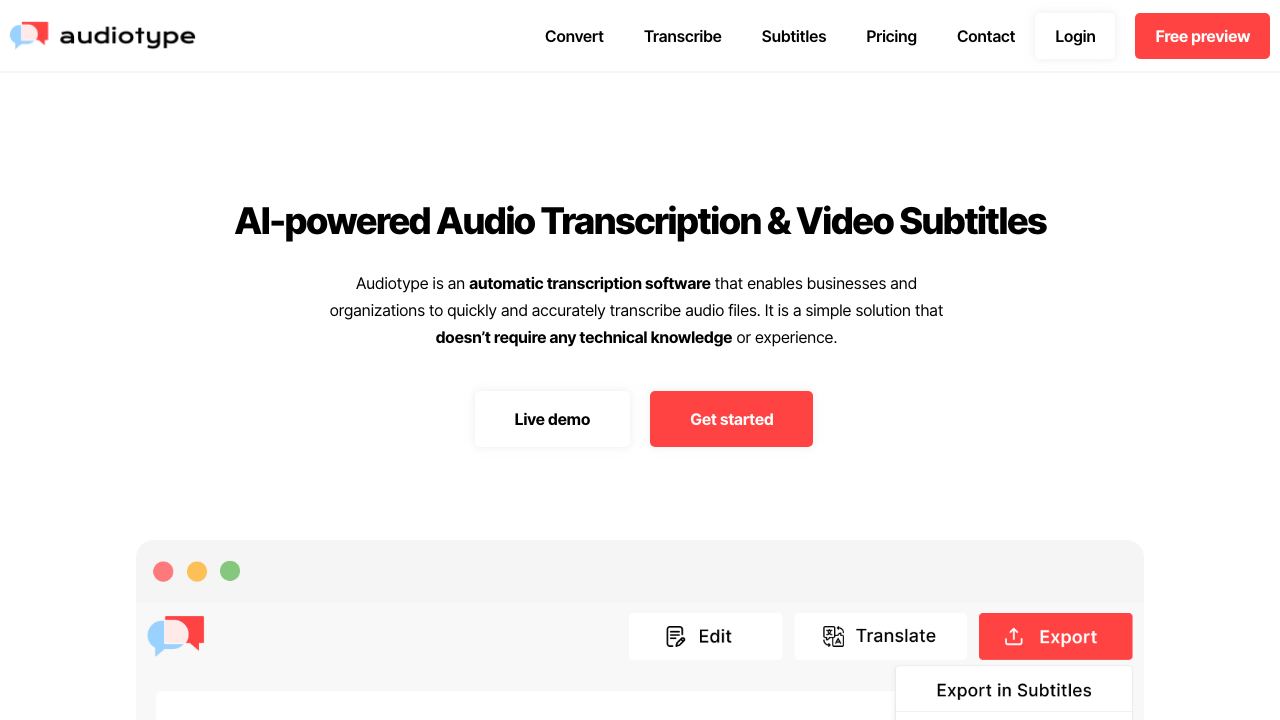 Audiotype - Audio Transcription and Video Subtitles website screenshot