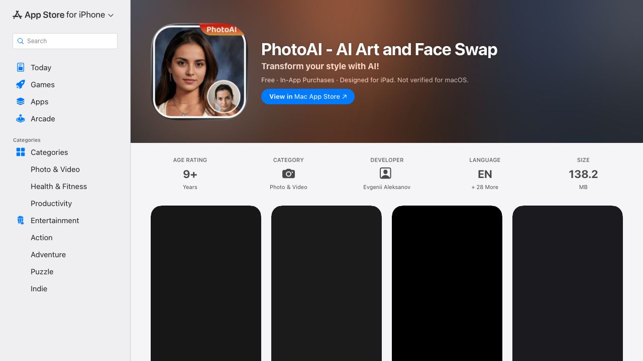 PhotoAI - AI Art and Face Swap (ios) 网站截图