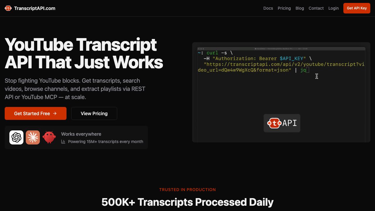TranscriptAPI.com website screenshot
