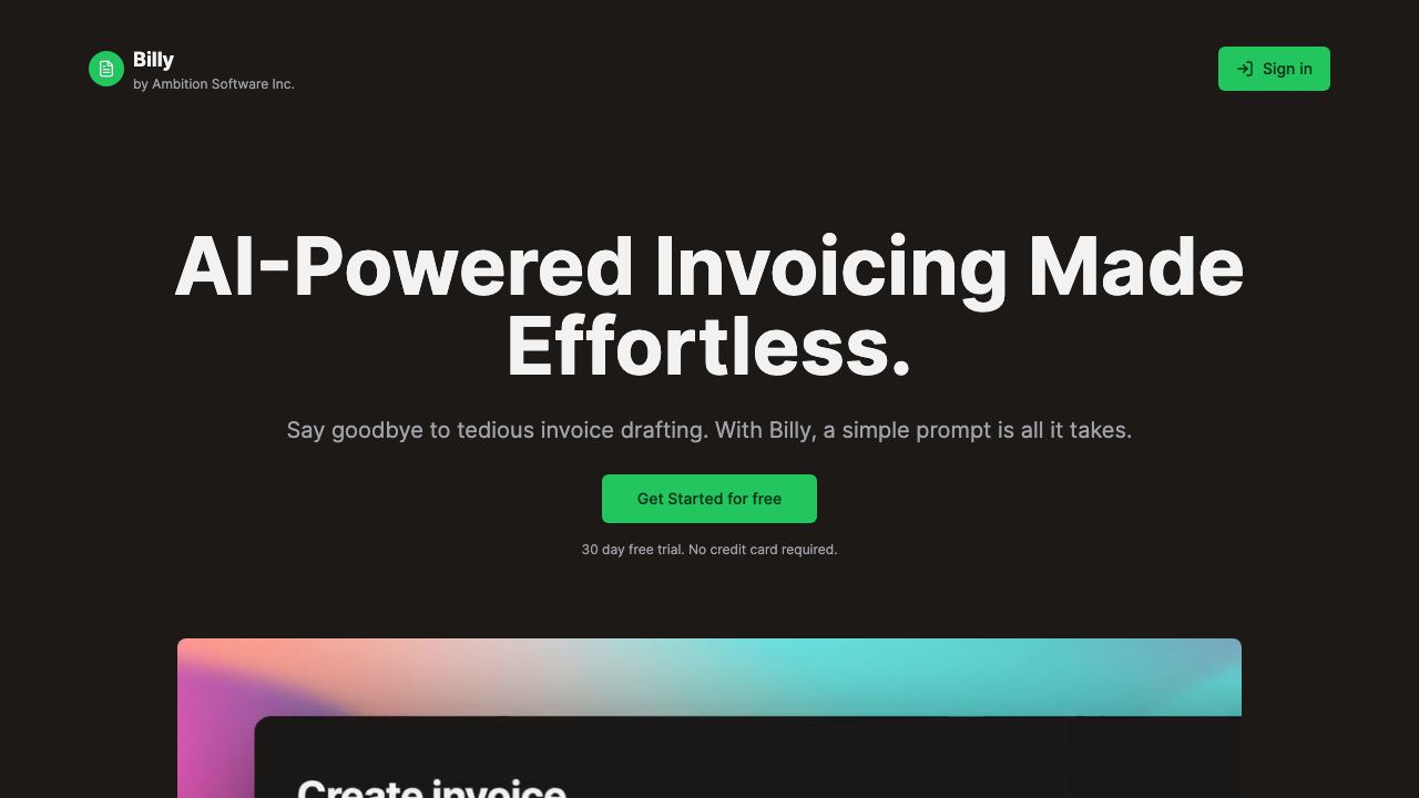 Billy: AI Invoicing Made Effortless. 网站截图