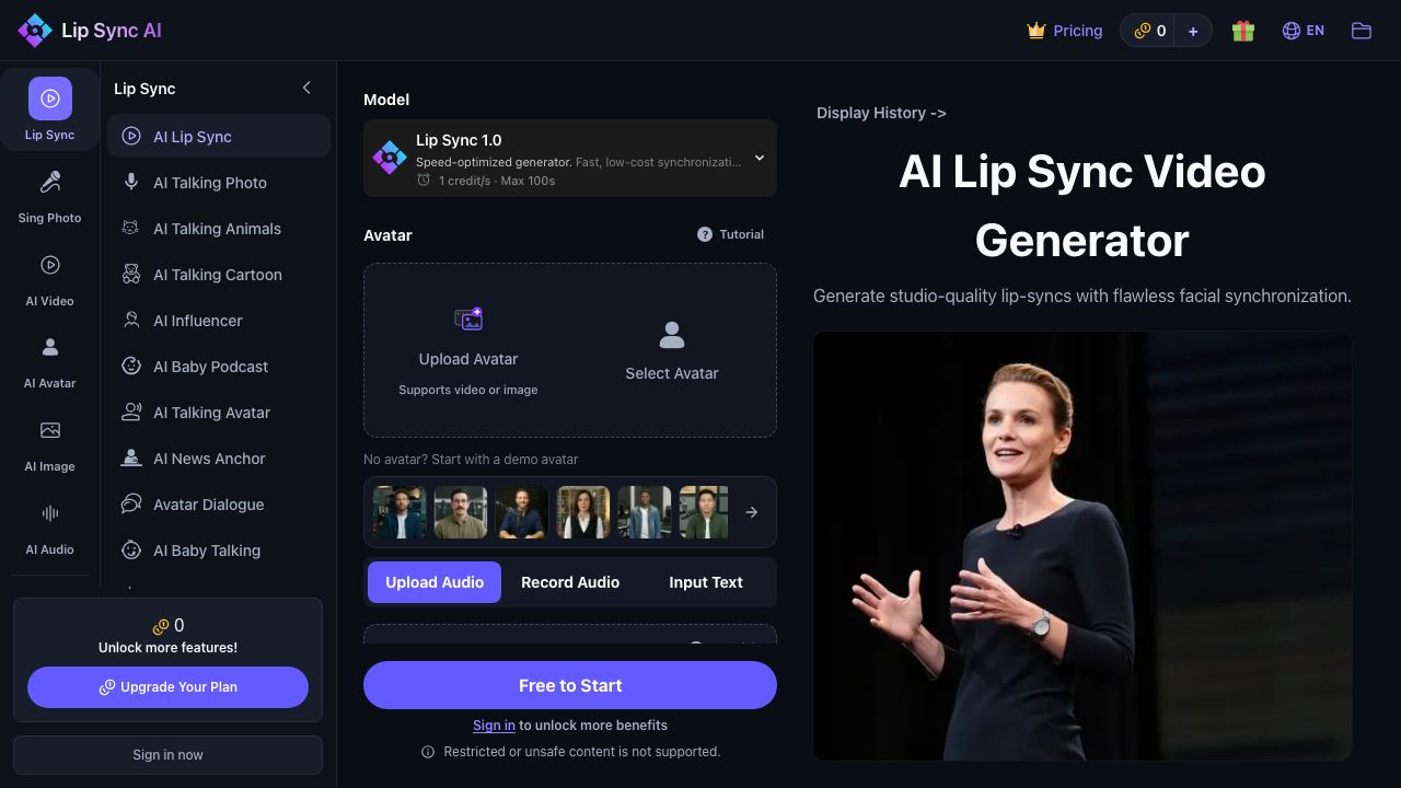 Lip Sync AI Video Generator 网站截图