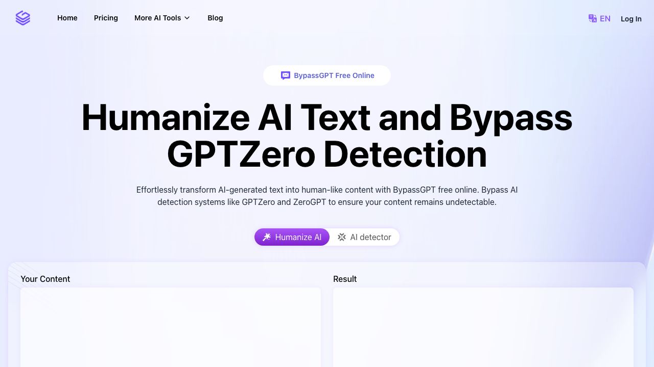 BypassGPT.co: Free AI Text Humanizer 网站截图