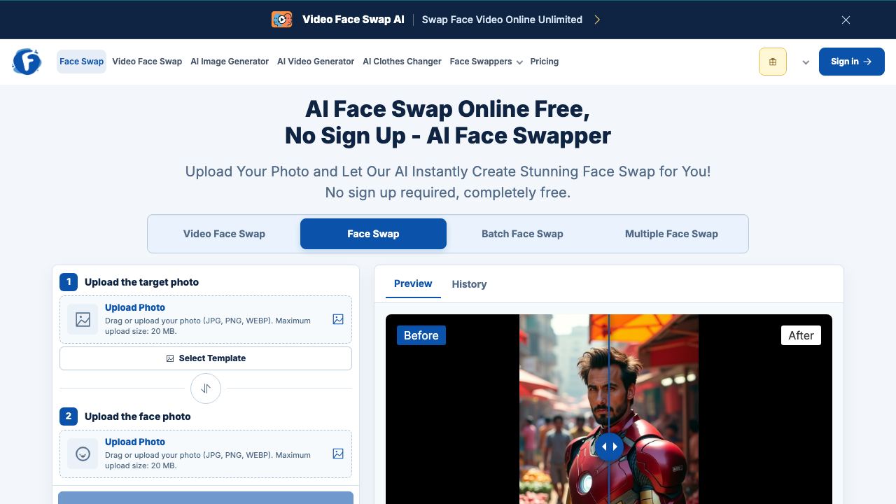 Free AI Face Swap(No sign up,no fee) 网站截图