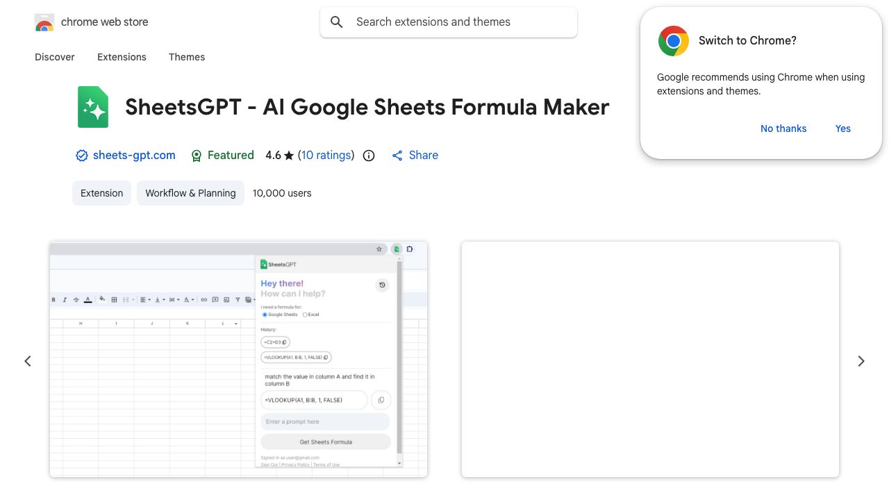 SheetsGPT - AI Google Sheets Formula Maker 网站截图