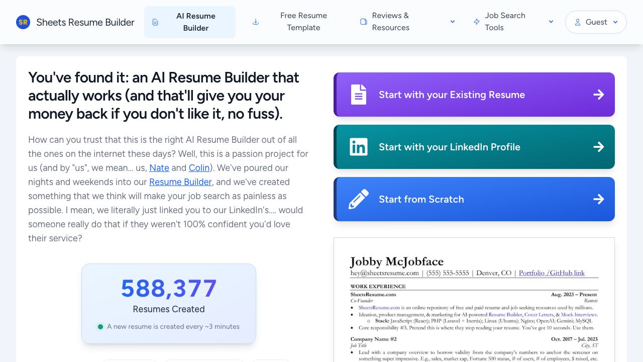 Sheets AI Resume Builder website screenshot