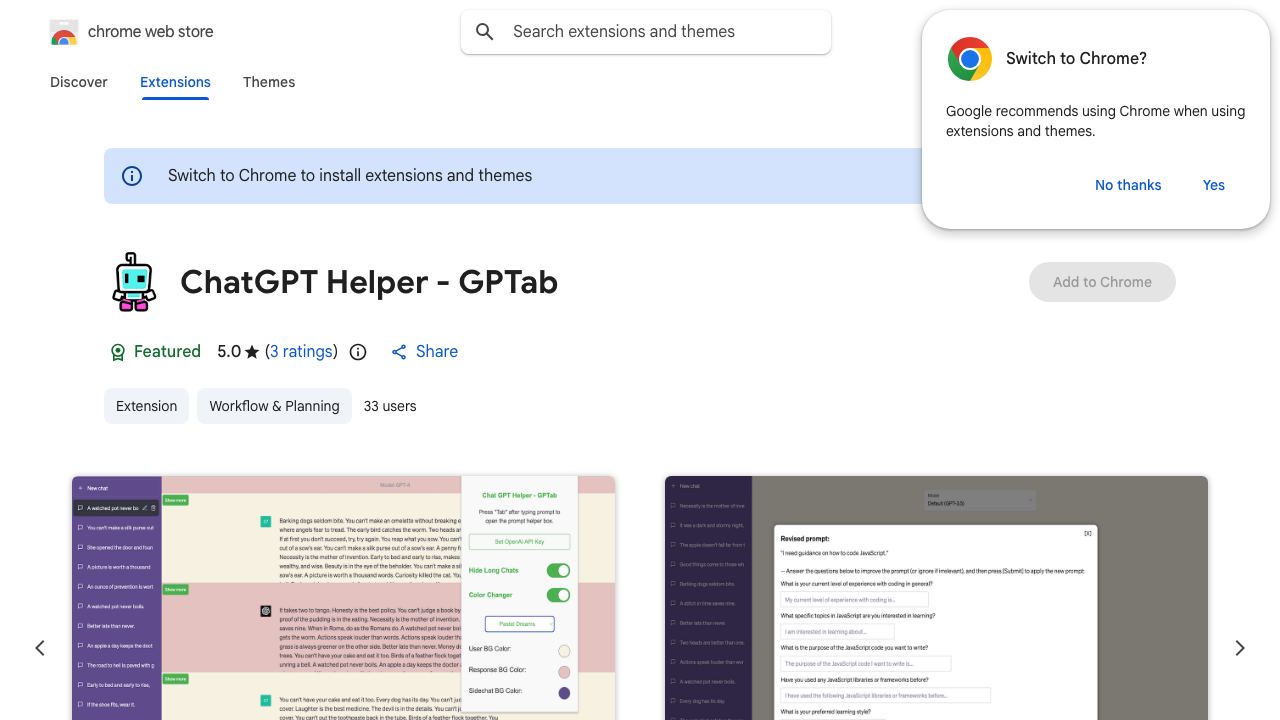 ChatGPT Helper - GPTab website screenshot