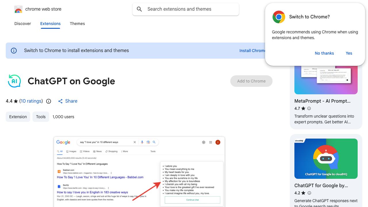 ChatGPT on Google 网站截图