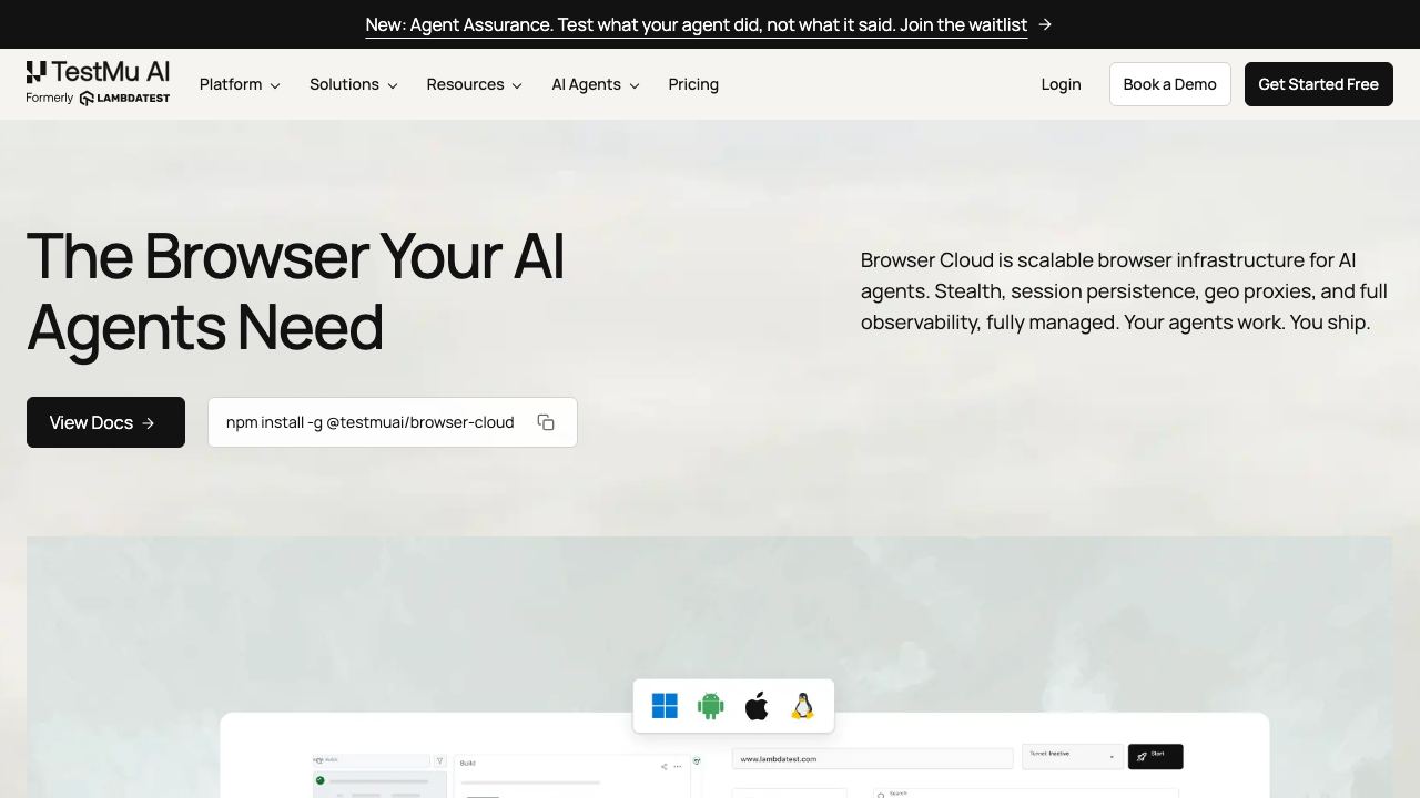Browser Cloud by TestMu AI 网站截图