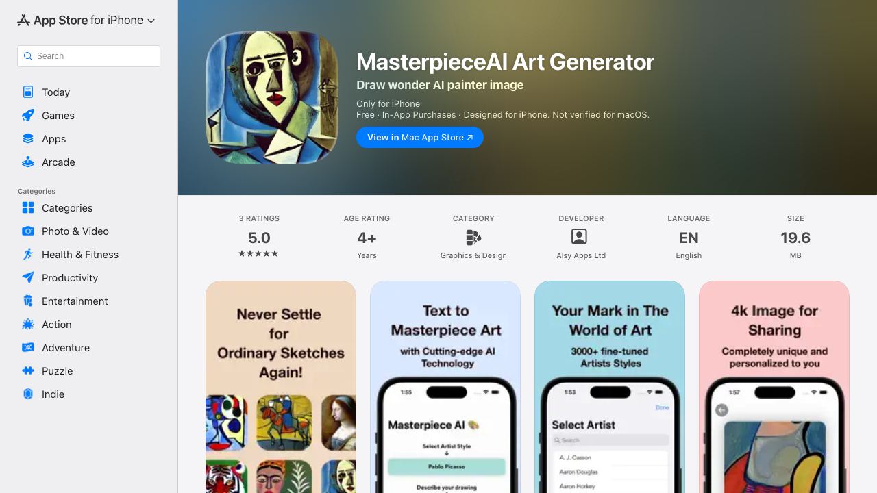 Masterpiece AI Art Generator 网站截图