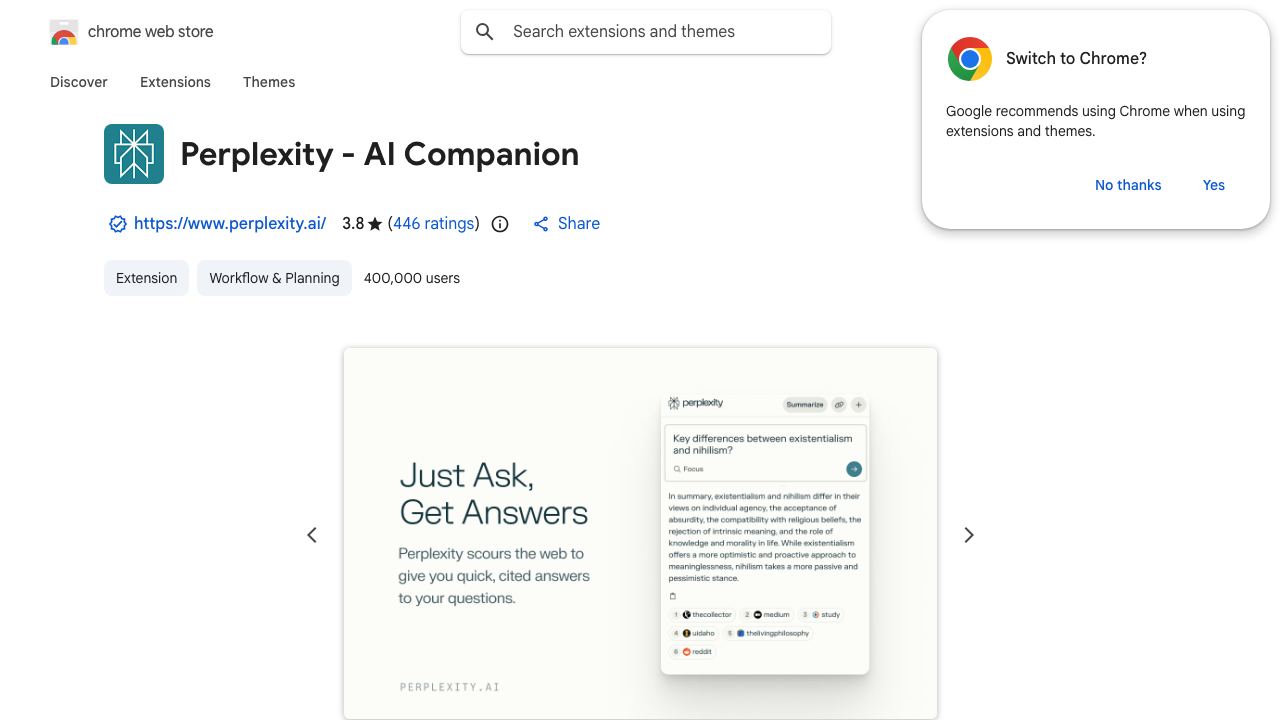 Perplexity for Chrome 网站截图