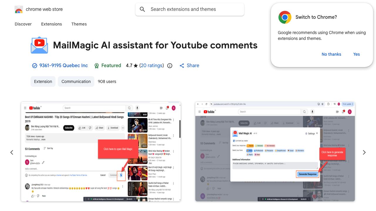 ChatGPT AI assistant for Youtube comments 网站截图