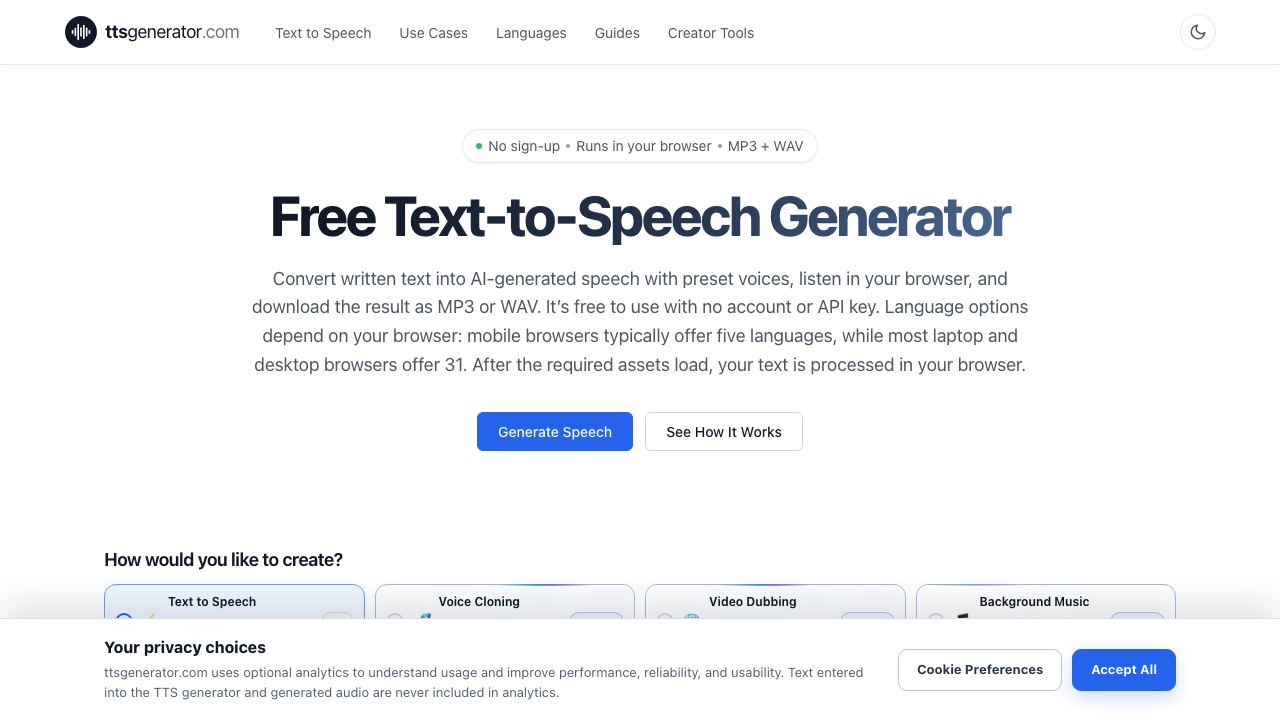 TTS Generator AI 网站截图