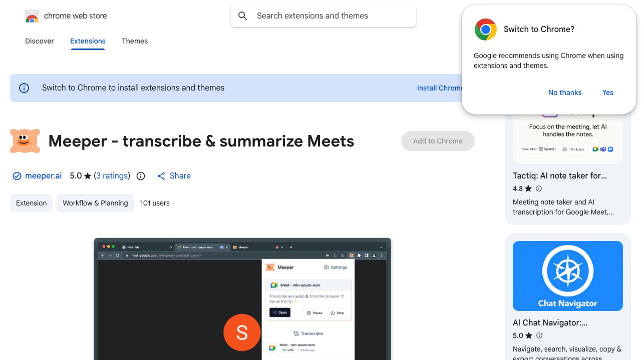 Meeper - transcribe & summarize Meets website screenshot