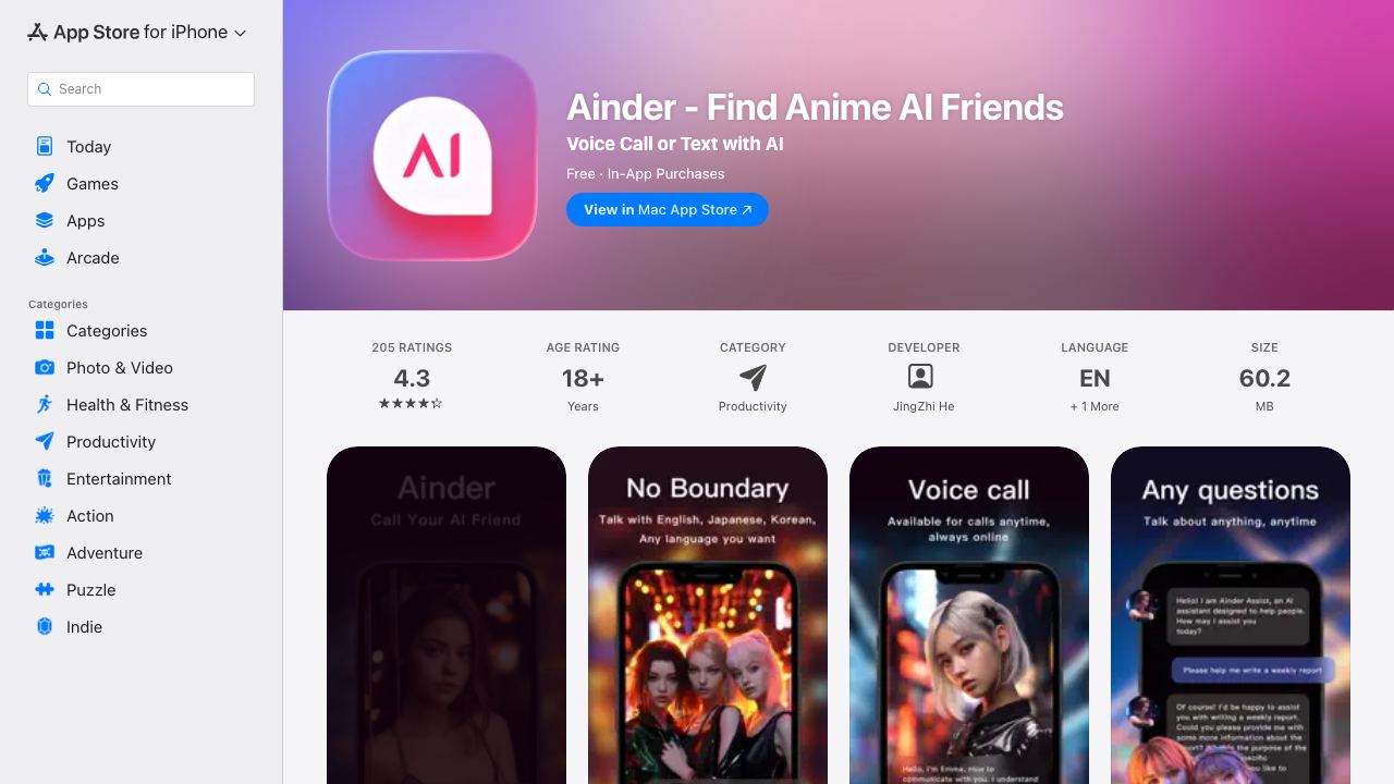 Ainder - Find AI Friends like Tinder 网站截图