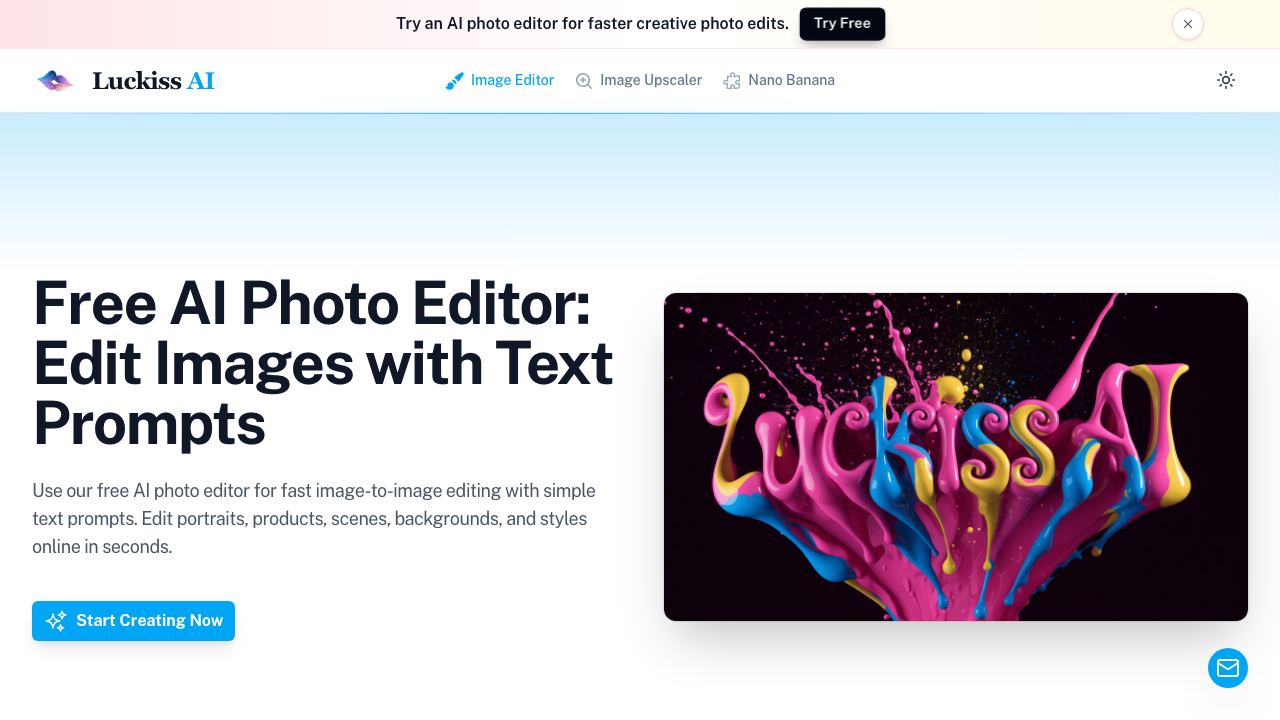 Free AI Image Editor with Prompt - Luckiss AI website screenshot