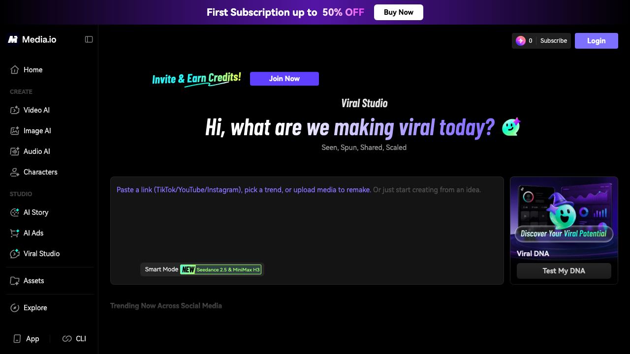 Media.io Viral Studio 网站截图