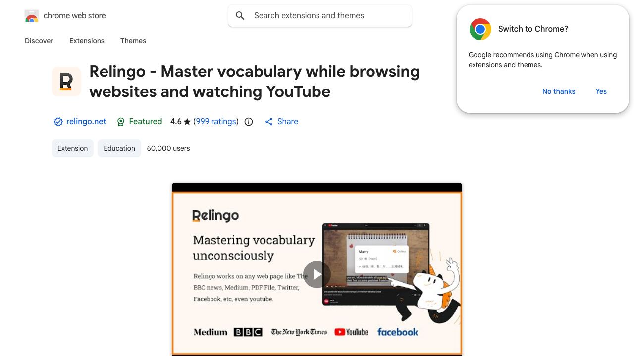 Relingo - Master Words | Bilingual Subtitles | Immersive Translate | Free 网站截图