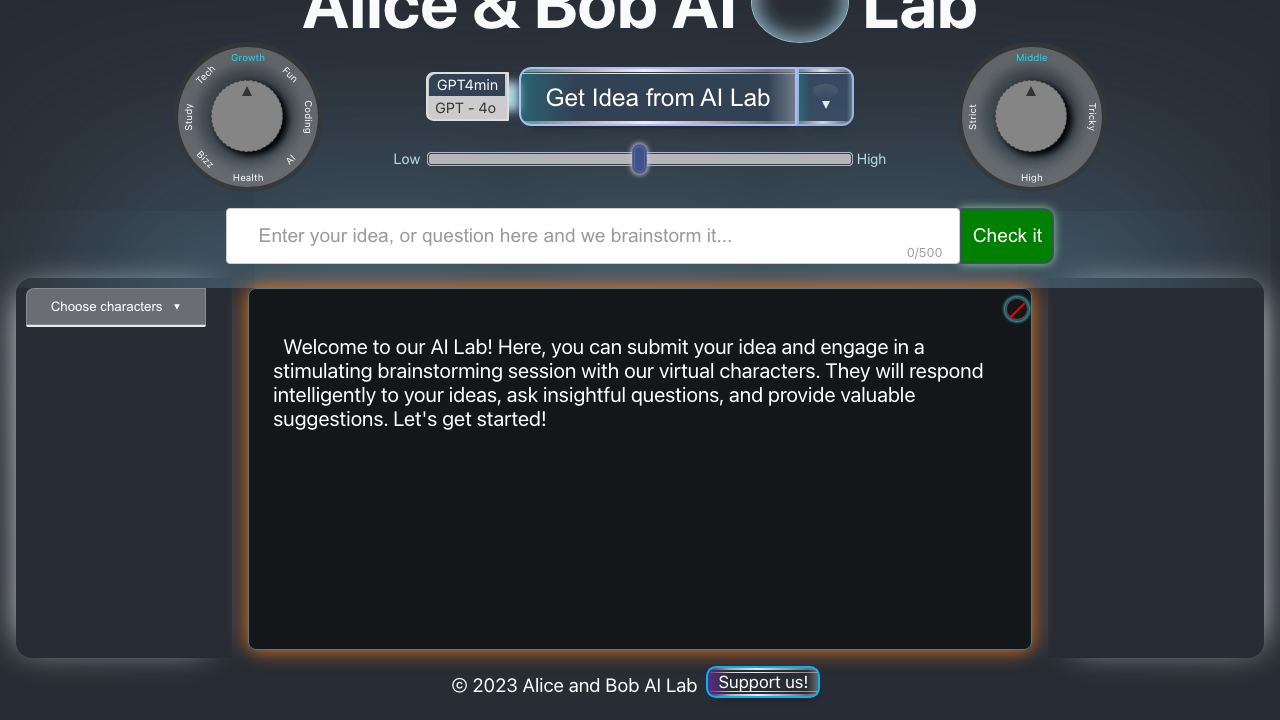 Alice and Bob AI Brainstorm Lab website screenshot