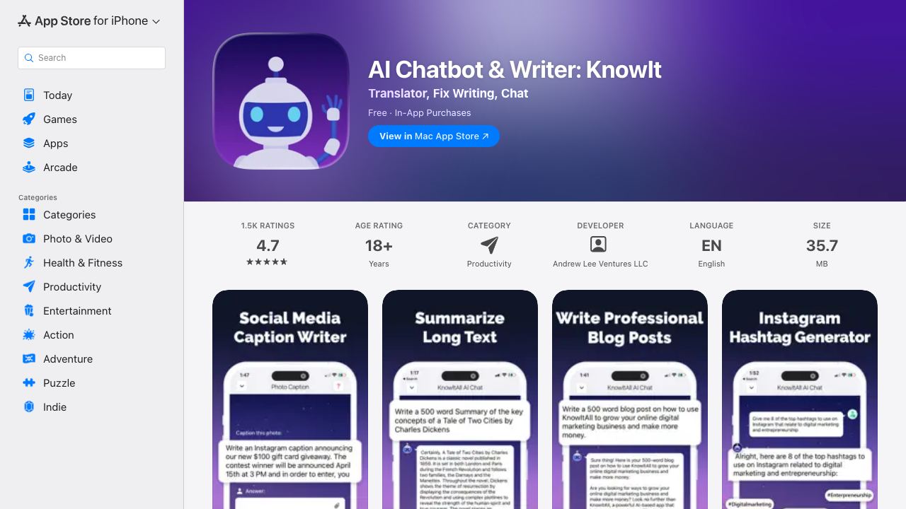 Best ChatGPT iOS App: KnowItAll AI Chat 网站截图